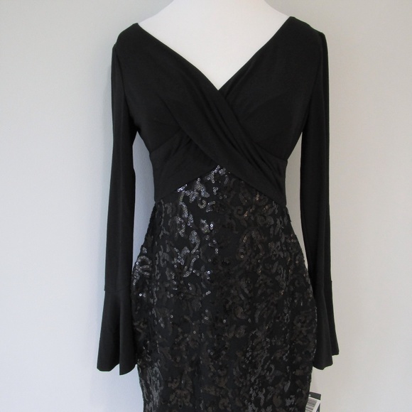 NWT Black Sequin Bell Sleeve Cocktail Midi Dress Size 2 Petite - Picture 4 of 8